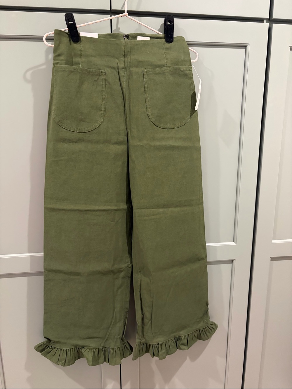 NWT Anthropologie Maeve Colette ruffle-hem wide-leg pant, size 27, dried fern